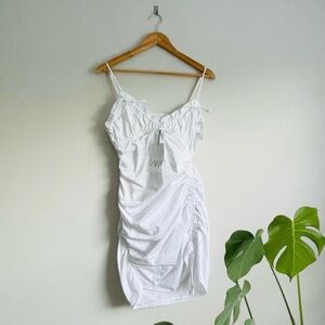 Size XS | Zara | White Ruched Spaghetti Strap Dress